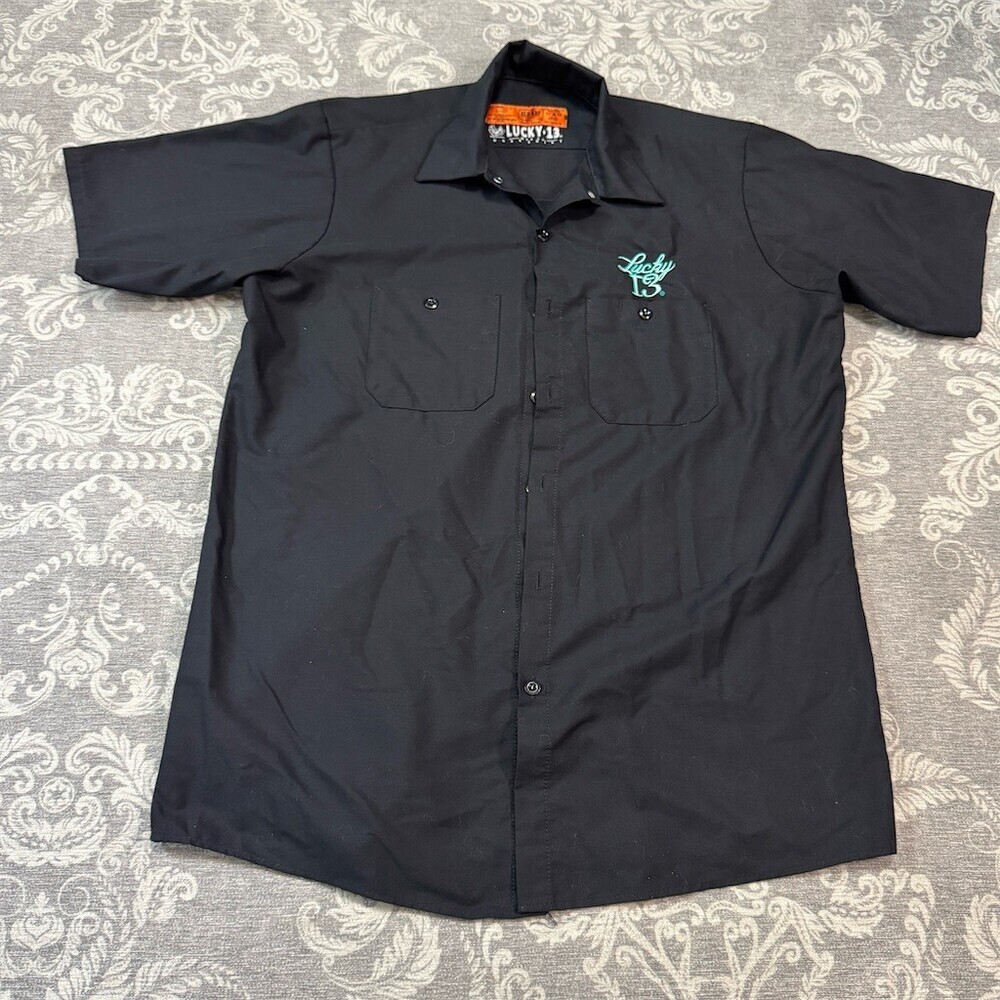 Lucky 13 Mens Work Shirt Black Short Sleeve Button-Up Truck Graphic Size L